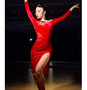 Black red velvet long sleeves inclined shoulder competition performance professional women's female leotards latin salsa cha cha dance dresses outfits costumes
