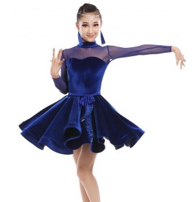 Black red velvet royal blue long sleeves mesh patchwork sexy fashion girls kids children competition latin salsa dance dresses outfits