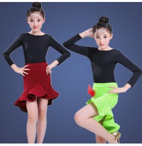 Black red wine neon green patchwork long sleeves girls kids children competition cha cha latin salsa dance dresses outfits