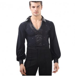 Black rhinestones v neck long sleeves competition performance professional men's male latin salsa ballroom tango dance shirts tops