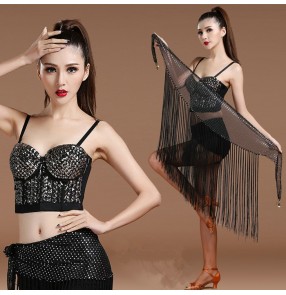 Black rivet top sequins fringes hip scarf women's jazz pole dance singer night club bar sexy dance outfits costumes clothes