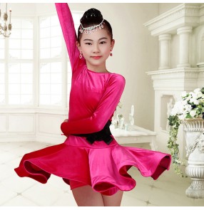 Black royal blue fuchsia hot pink long sleeves velvet girls kids children  competition latin salsa dance dresses