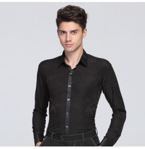 Black striped rose floral long sleeves turn down collar men's male competition stage performance ballroom latin cha cha jive dancing shirts tops