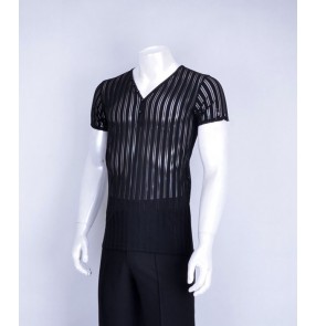 Black striped see through v neck short sleeves men's male competition ballroom latin cha cha jive waltz dance shirts tops