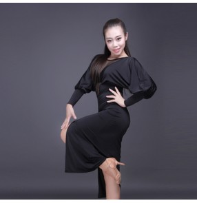 Black v neck see through front split loose sleeves sexy women's ladies competition performance salsa latin dance dresses costumes outfits