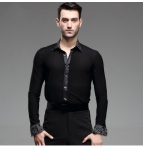 Black white circled printed down collar and cuffs men's man male competition stage performance long sleeves ballroom latin jive chacha tango dancing shirts tops