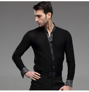 Black white circled printed long sleeves stand collar men's male competition professional latin ballroom tango cha cha dance shirts tops