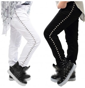 Black white rivet fashion boys kids children baby jazz singer hip hop drummer performance dancing pants trousers