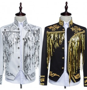 Black white silver with gold Embroidery European pattern sequins fringes Palace men's male stage performance host singer jazz Spanish club dancing jackets coats tops 