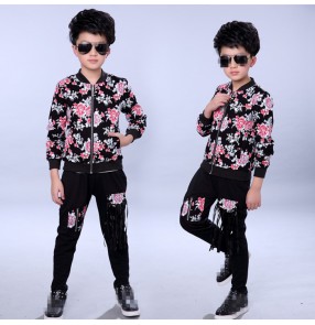 Black with fuchsia rose printed jazket fringes pants fashion boys kids children baby school competition jazz hip hop singer drummer  play dancing outfits costumes 