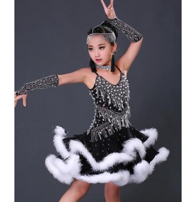 Black with white feather patchwork handmade competition girls kids children latin salsa ballroom dance dresses costumes
