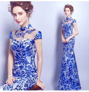Blue and white chinese style mermaid women's wedding evening party bridals performance long cheongsam dresses vestidos