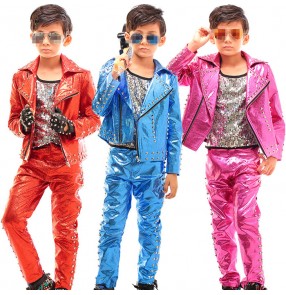 Blue red fuchsia hot pink sequins paillette fashion boys kids children jazz hip hop singer drummer performance cosplay dance costumes outfits
