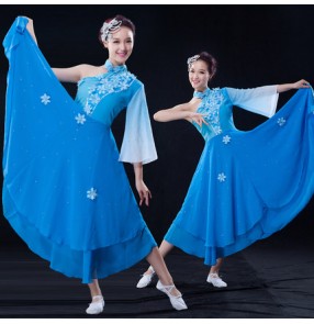 Royal blue Discount Ancient Traditional Fan Dance Younger Chinese Folk  Dance Costumes Women