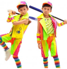 Candy rainbow  leather colored patchwork fashion boys kids children teen student competition stage drummer performance hip hop jazz dance wear clothes 