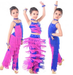 Children girls competition tassels royal blue and fuchsia patchwork latin dance dresses sets top and pants