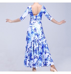 China and white floral printed tiger printed middle long sleeves competition women's ladies professional ballroom waltz tango dance dresses outfits costumes