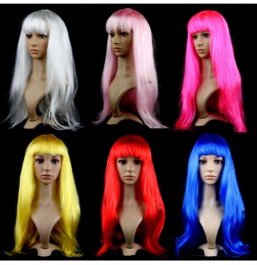 Colored brown black royal blue white gold long straight length fashion women's girls ball party cocktail cosplay dancing faux hair wig
