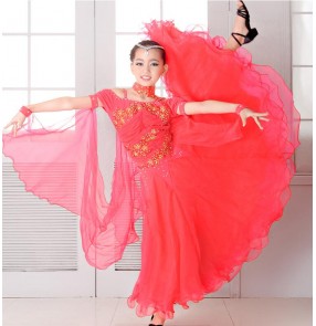 Coral dark green embroidery diamond competition professional girls kids children stage performance long length ballroom tango waltz dancing dresses outfits
