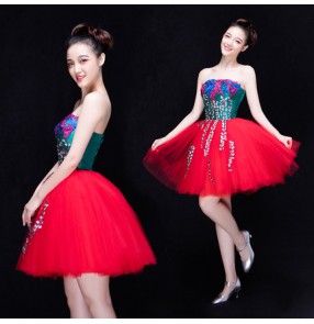Dark green appliques pattern red puff skirted patchwork women's ladies stage performance singer bar club modern dance evening party dancing dresses