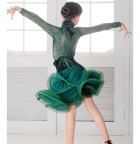 Dark green black velvet lace patchwork long sleeves fashion girls kids children ruffles skirts competition stage performance latin salsa dance dresses outfits