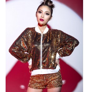 Female silver red royal blue and black hiphop jazz dance costume three top and shorts and coat 