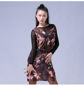 Floral printed black long sleeves see through back competition performance women's ladies professional latin salsa dance dresses outfits