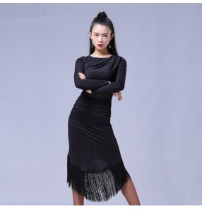 Floral printed black long sleeves tassels women's ladies hollow waistline competition latin salsa cha cha dance dresses outfits