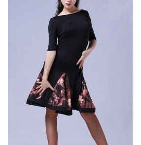 Floral printed patchwork half sleeves backless women's ladies competition performance latin salsa dance dresses outfits