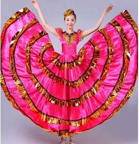 Fuchsia hot pink gold black patchwork big hem women's girls flamenco Spanish folk bull dance big hem dresses outfits Vestido de flamenco