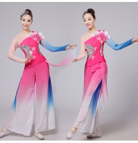 Fuchsia hot pink royal blue gradient colored women's girls kids children fan traditional fairy yangko folk dancing costumes outfits
