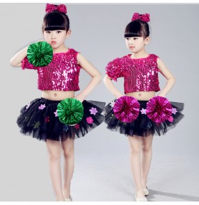 Fuchsia hot pink sequins paillette fashion flower girls modern dance princess jazz singers performance dresses outfits