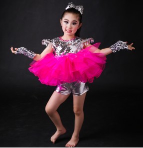 Fuchsia hot pink silver sequins tops hot pink violet yellow tutu skirt girls kids children competition stage performance jazz hip hop modern dancing outfits dresses