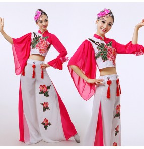 Fuchsia hot pink white  embroidery rose flowers women's ladies folk dance traditional ancient china yangko fairy fan dancing outfits costumes clothes