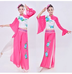 Fuchsia hot pink white embroidery rose pattern women's girls china folk yangko fan traditional fairy fan dancing outfits costumes clothes