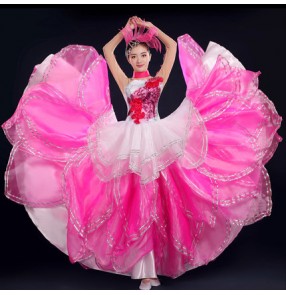 Fuchsia hot pink white gradient colored long sleeves women's competition cosplay chorus performance flamenco bull dance photos cosplay dresses outfits