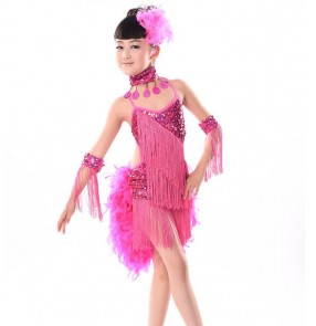  Girls children's kids child  turquoise fuchsia yellow feather tail sequined tassels exercises competition stage latin dresses samba salsa dance dresses 110-160cm