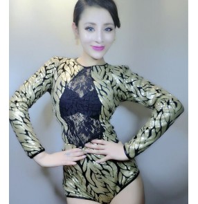 Gold black lace patchwork sequins long sleeves v neck fashion sexy women's singer jazz cosplay night cub bar dancer costumes bodysuits
