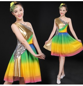 Gold leather silver sequins rainbow green red yellow fuchsia one shoulder girls women's modern dance jazz competition party dancers singers dresses outfits