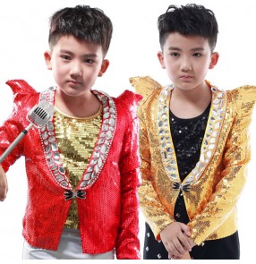 Gold red sequined long sleeves shrug shoulder  fashion boys kids children jazz drummer competition singers hip hop jazz dancing tops jacket blazers