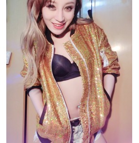 Gold sequins glitter shiny stage performance women's girls competition night club singer hip hop jazz dancing tops jackets