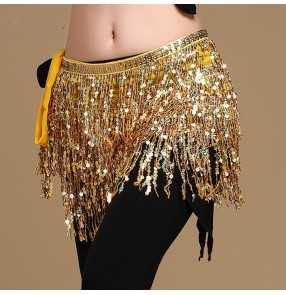 Gold silver black sequins fringes glitter women's ladies female Egypt competition latin belly dance wrap hip scarf skirts 