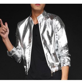 Gold silver leather glitter modern dance fashion men's male growth youth stage performance night club bar hip hop jazz singer dance short jackets coats