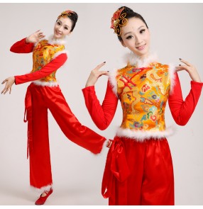 Gold yellow and red patchwork damask women's stage performance winter dragon pattern chinese folk style yangko drummer play dancing outfits costumes