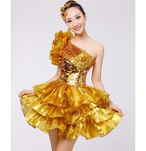 Gold yellow sequins paillette glitter modern dance women's girls contest jazz dance singer dancers ds night club costumes dresses
