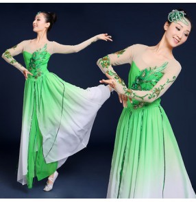 Green flesh gradient colored girls women's competition Chinese folk yangko fan traditional fairy dancing dresses costumes clothes