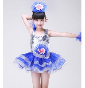 Green fuchsia hot pink red yellow turquoise royal blue silver sequins pattern flowers modern dancing girls kids children stage performance party cos play dance dresses