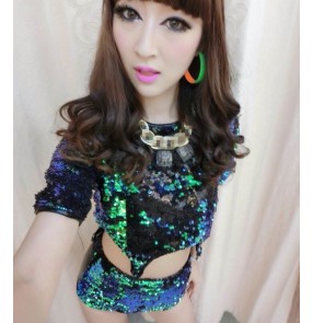 Green sequins black leather shorts patchwork sexy fashion women's girls singer glitter jazz hip hop performance dancing outfits costumes