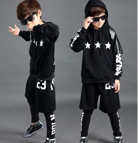 Leather black 3in1 boys kids children fashion long sleeves stage performance school play jazz singer hip hop street dance costumes outfits 