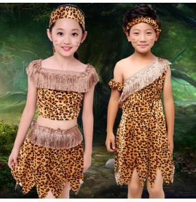 Leopard printed sexy girls boys kid children indian princess African hunter soldier performance warrior Savage party cosplay dance costumes dresses outfits